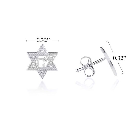 10K Solid Gold Star of David with Chai Stud Earrings - Yellow, Rose, or White